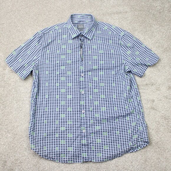 A/X Armani Exchange Shirt Mens Large Blue Geometric Cotton Short Sleeve Button - Picture 2 of 13